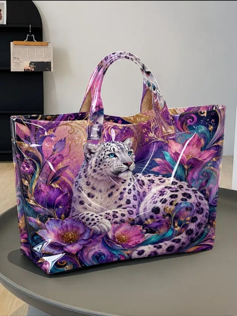 Women Beautiful Snow Leopard PVC Tote Daily Commute Hand Bag Large - Picture 5 of 9